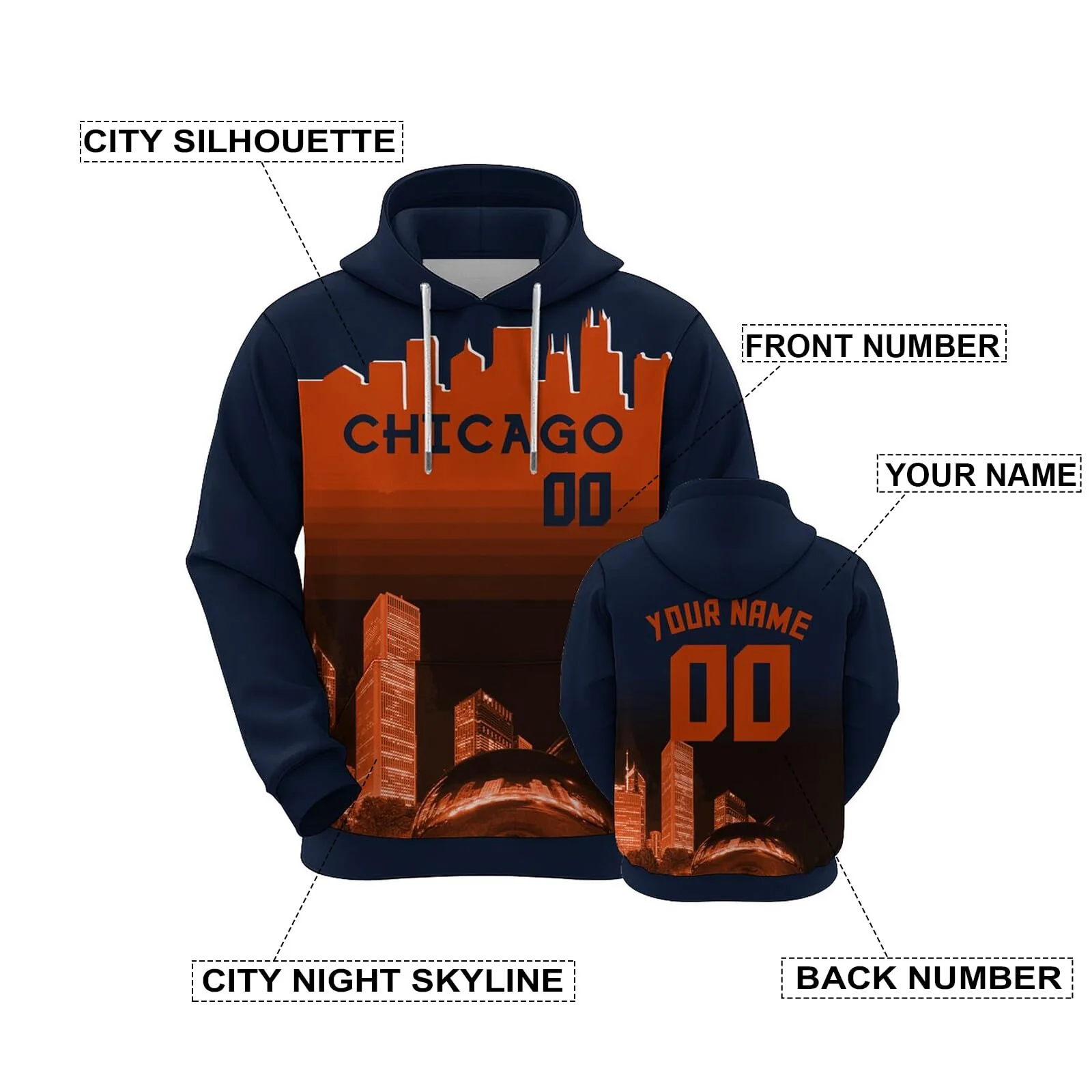 Custom Sports Pullover Sweatshirt City Chicago Night Fashion Football Hoodie
