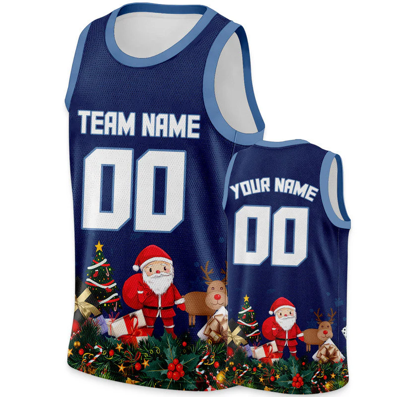 Christmas Day Custom Navy White-Light Blue Santa Claus Authentic Basketball Jersey