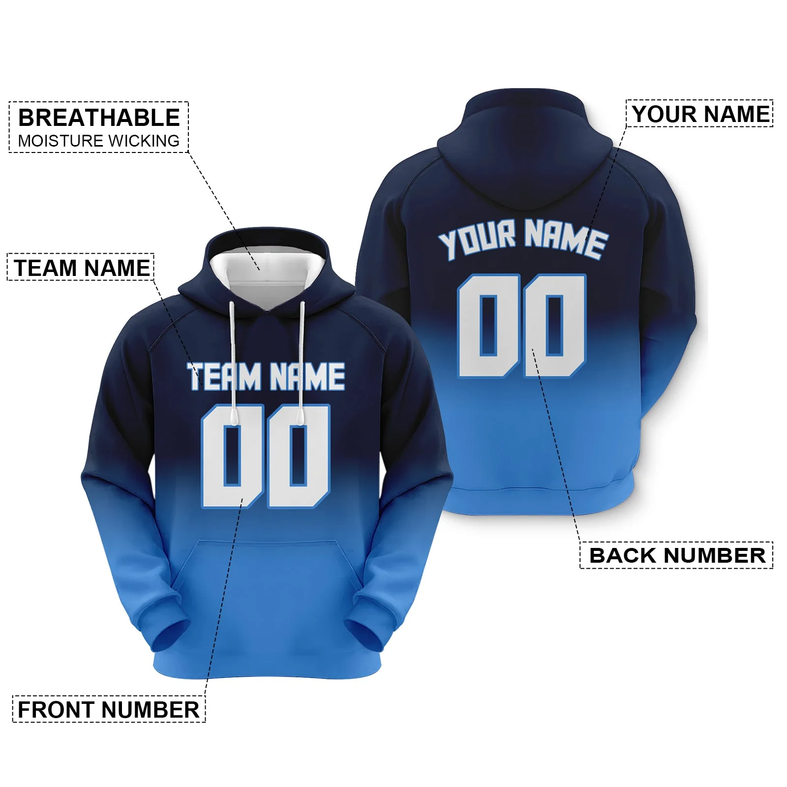 Custom Navy White-Powder Blue Sports Pullover Sweatshirt Split Fashion Football Hoodie