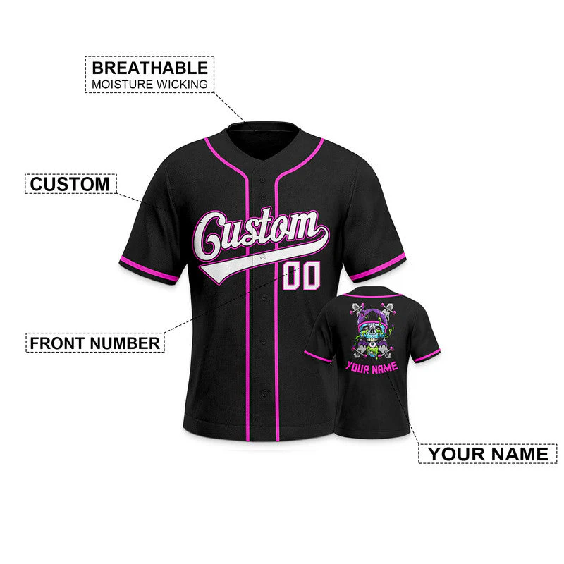 Custom Black Light Blue-Pink Authentic Skull Fashion Baseball Jersey