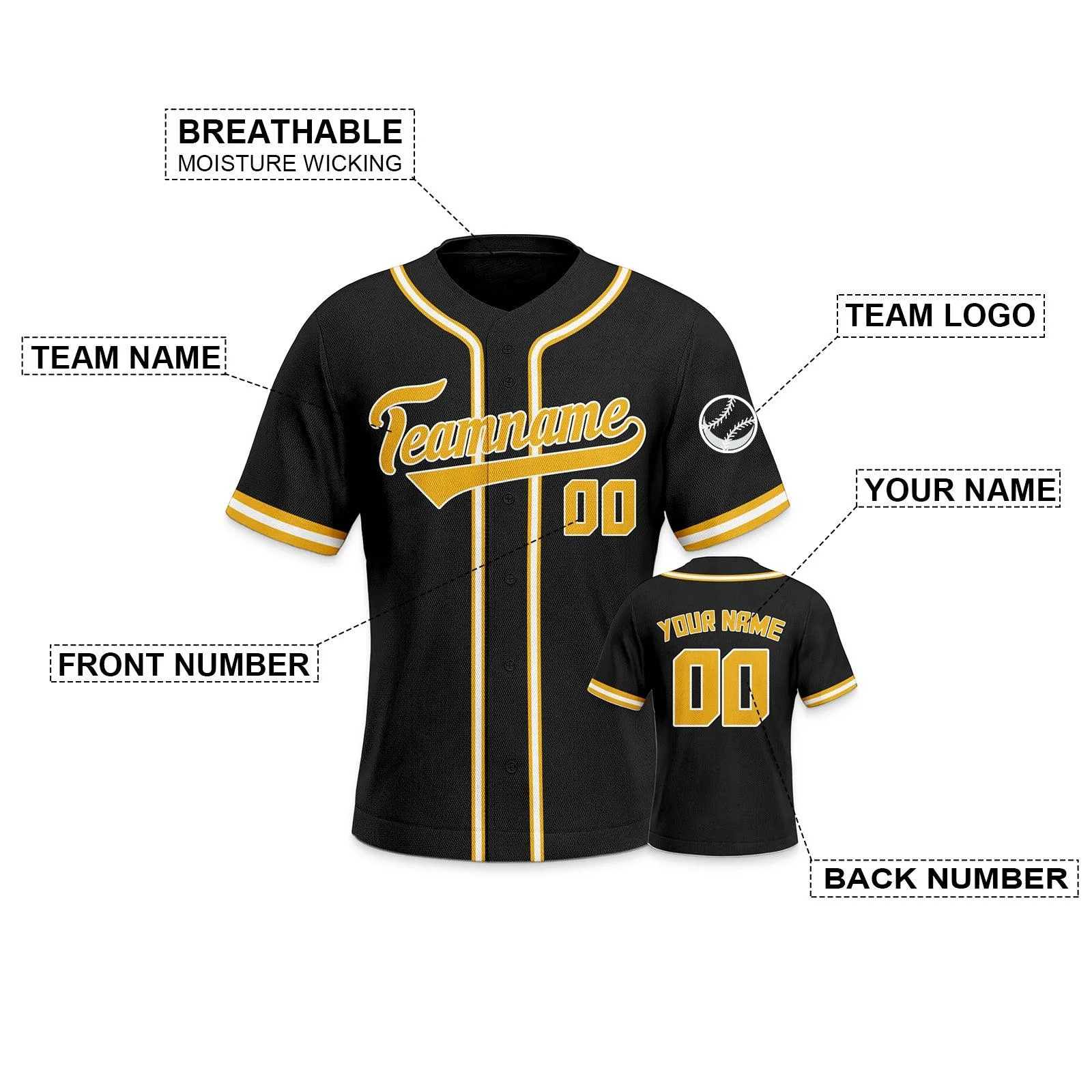 Custom Black Gold-White Authentic Classic Baseball Jersey