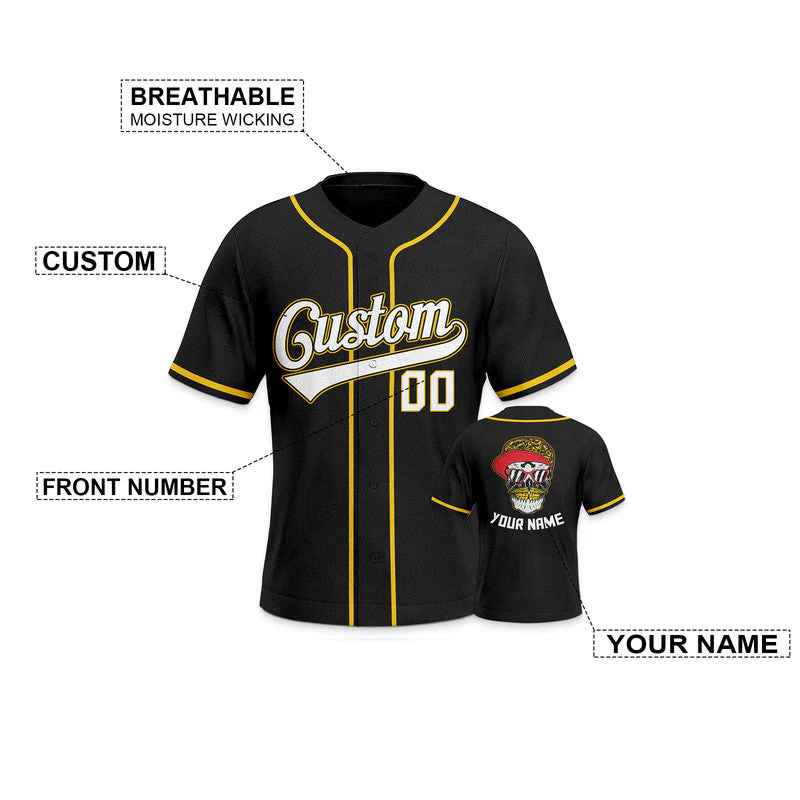 Custom Black Gold-White Authentic Skull Fashion Baseball Jersey