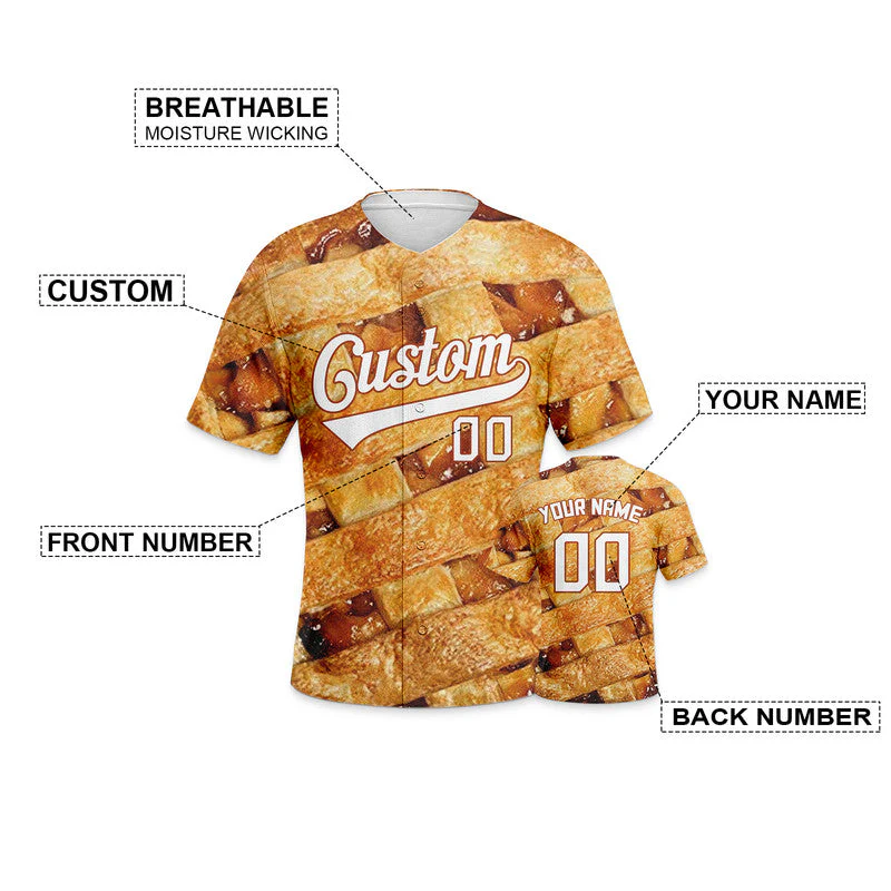 Custom Gold White 3D Pattern Design Apple pie Authentic Baseball Jersey