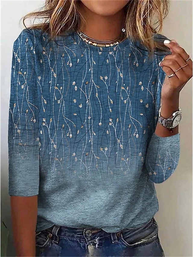 Elegant Floral Print Long Sleeve T-Shirt with Round Neck in Blue for Fall and Winter
