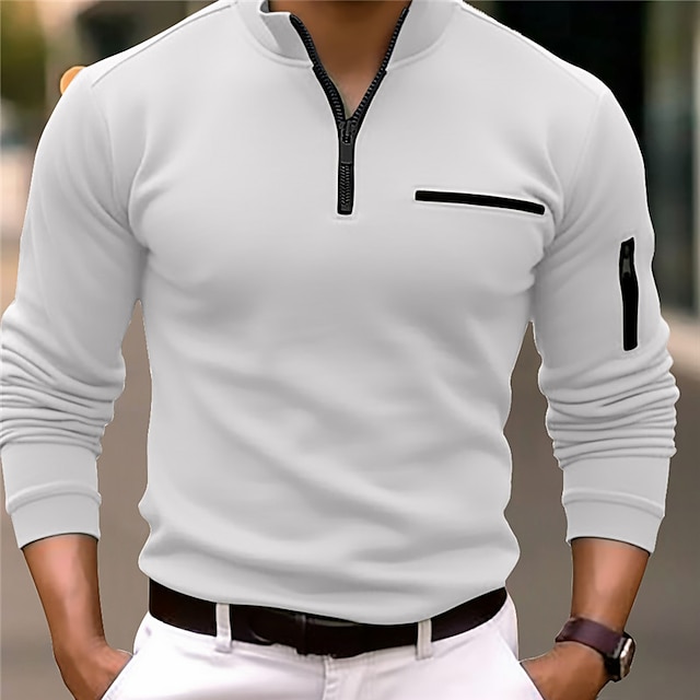 Quarter Zip Polo Pullover - Plain Long Sleeve, Pocket Design, Versatile Regular Fit for Spring & Fall