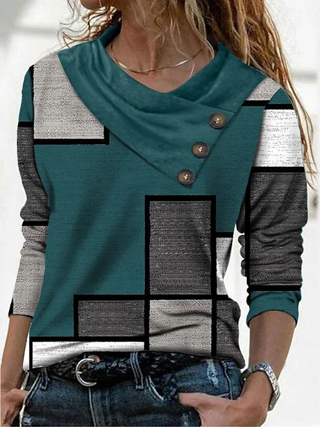 Geometric Abstract Long Sleeve T-Shirt with Button Detail - Casual Weekend and Daily Wear for Fall & Winter