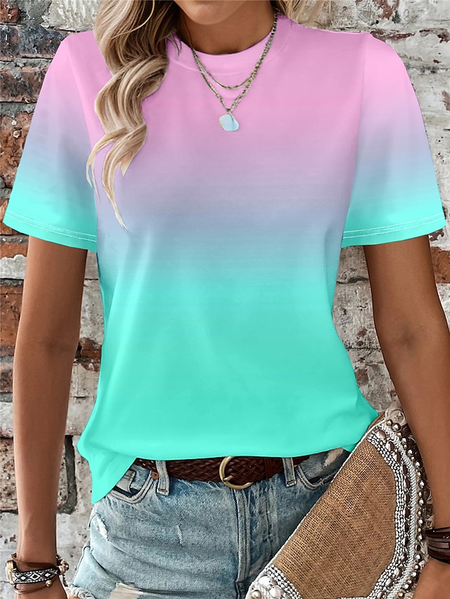 Ombre Print Round Neck Short Sleeve Tee - Daily Vacation Wear - Fashion Style, Summer Collection