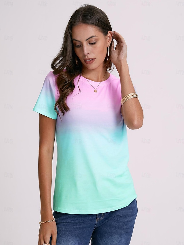 Ombre Print Round Neck Short Sleeve Tee - Daily Vacation Wear - Fashion Style, Summer Collection
