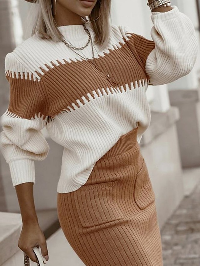 Oversized V-Neck Ribbed Knit Pullover Sweater with Color Block Design for Fall and Winter Casual Wear