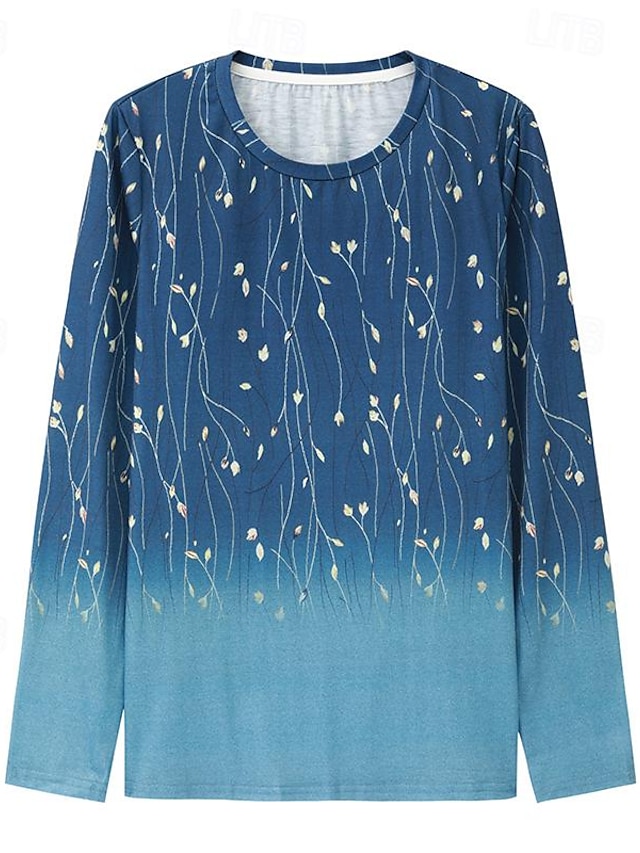 Elegant Floral Print Long Sleeve T-Shirt with Round Neck in Blue for Fall and Winter