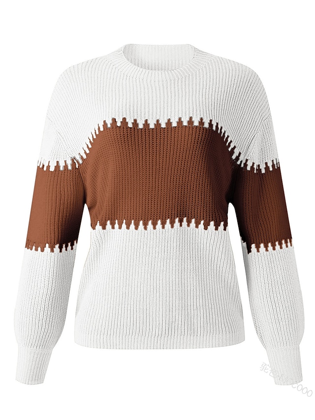 Oversized V-Neck Ribbed Knit Pullover Sweater with Color Block Design for Fall and Winter Casual Wear