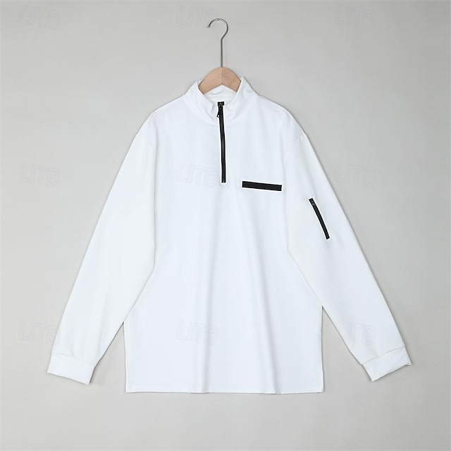 Quarter Zip Polo Pullover - Plain Long Sleeve, Pocket Design, Versatile Regular Fit for Spring & Fall