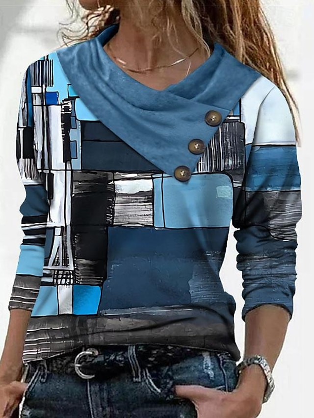 Geometric Abstract Long Sleeve T-Shirt with Button Detail - Casual Weekend and Daily Wear for Fall & Winter